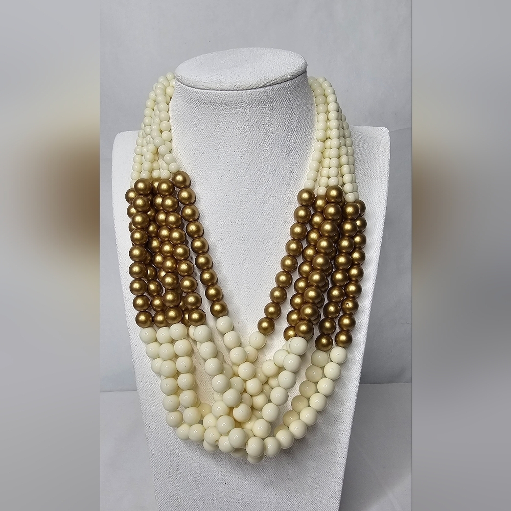 Amrita Singh Statement Necklace Cream Gold Multi Strand Beaded Bib Boho Luxe